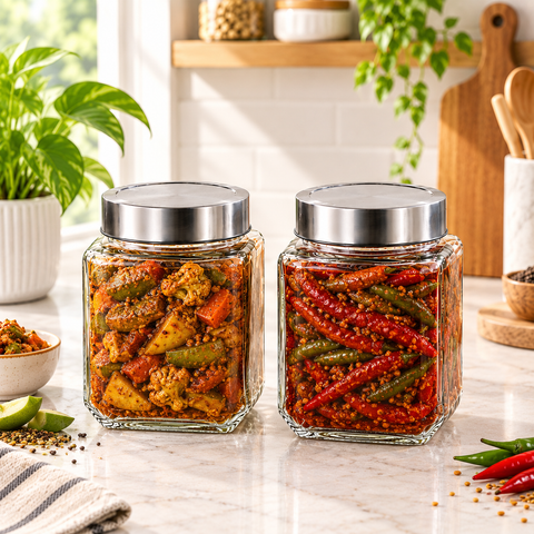Premium Square Glass Pickle Jars (Pack of 2) with Airtight Stainless Steel Lids | Transparent 1000ml Food Storage Containers | Heavy Duty Leakproof Achar Barni Set for Kitchen Pantry, Spices, Dry Fruits & Snacks