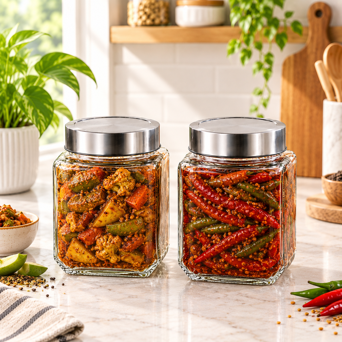 Premium Square Glass Pickle Jars (Pack of 2) with Airtight Stainless Steel Lids | Transparent 1000ml Food Storage Containers | Heavy Duty Leakproof Achar Barni Set for Kitchen Pantry, Spices, Dry Fruits & Snacks