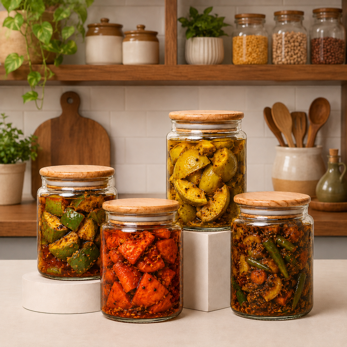 4-Piece Premium Glass Pickle Jar Set with Airtight Bamboo Lids