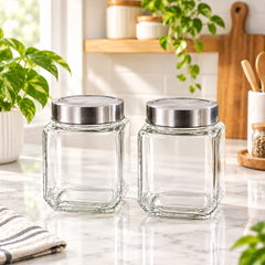 Premium Square Glass Pickle Jars (Pack of 2) with Airtight Stainless Steel Lids | Transparent 1000ml Food Storage Containers | Heavy Duty Leakproof Achar Barni Set for Kitchen Pantry, Spices, Dry Fruits & Snacks