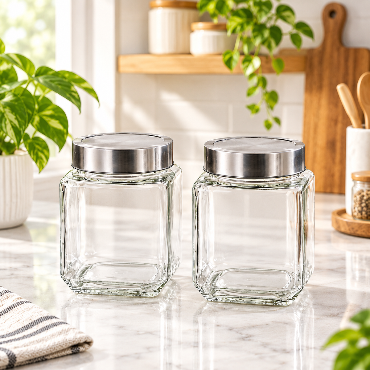 Premium Square Glass Pickle Jars (Pack of 2) with Airtight Stainless Steel Lids | Transparent 1000ml Food Storage Containers | Heavy Duty Leakproof Achar Barni Set for Kitchen Pantry, Spices, Dry Fruits & Snacks