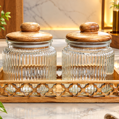 Premium Ribbed Glass Storage Jars with Airtight Wooden Lids and Carved Wooden Tray (Pack of 2, 750ml Each) – Decorative Kitchen Canisters Set for Countertop Pantry Organization, Dry Fruits, Seeds, Tea, Coffee & Spices
