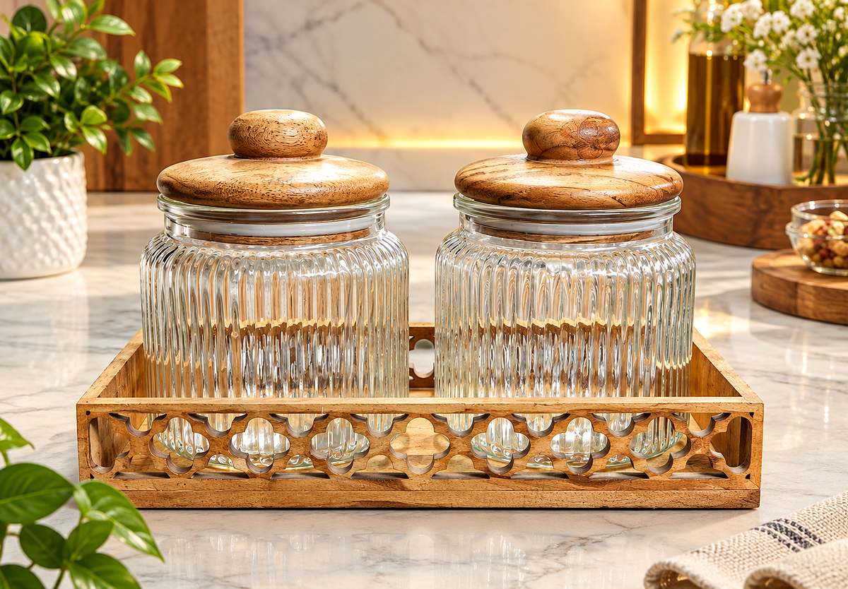 Premium Ribbed Glass Storage Jars with Airtight Wooden Lids and Carved Wooden Tray (Pack of 2, 750ml Each) – Decorative Kitchen Canisters Set for Countertop Pantry Organization, Dry Fruits, Seeds, Tea, Coffee & Spices