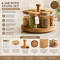 Premium 6-Piece Glass Spice Jar Set with Rotating Wooden Organizer Stand | Airtight Bamboo Lids | Heavy Duty Borosilicate Glass Canisters for Spices, Countertop, Kitchen & Pantry Storage