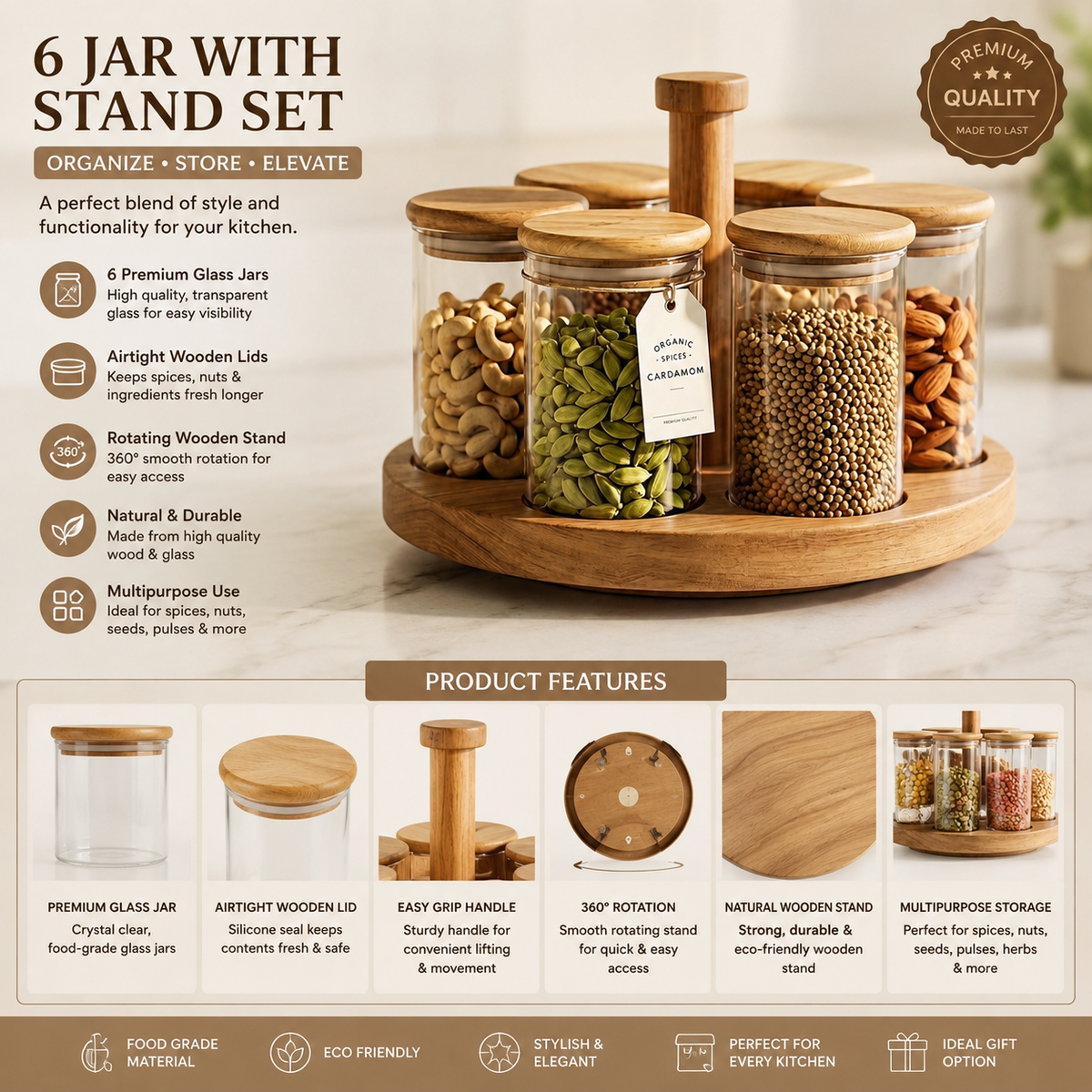 Premium 6-Piece Glass Spice Jar Set with Rotating Wooden Organizer Stand | Airtight Bamboo Lids | Heavy Duty Borosilicate Glass Canisters for Spices, Countertop, Kitchen & Pantry Storage