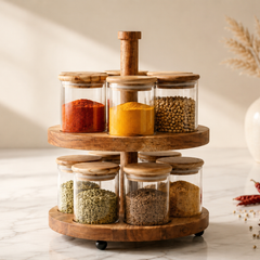 Art of Glass Premium 12-Piece Glass Spice Jar Set with 2-Tier Wooden Stand | Aesthetic Countertop Rotating Spice Organizer with Airtight Wooden Lids