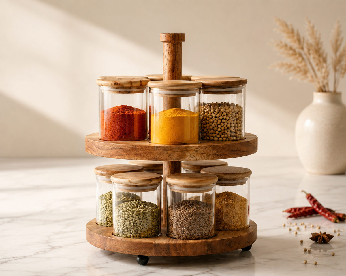 Art of Glass Premium 12-Piece Glass Spice Jar Set with 2-Tier Wooden Stand | Aesthetic Countertop Rotating Spice Organizer with Airtight Wooden Lids