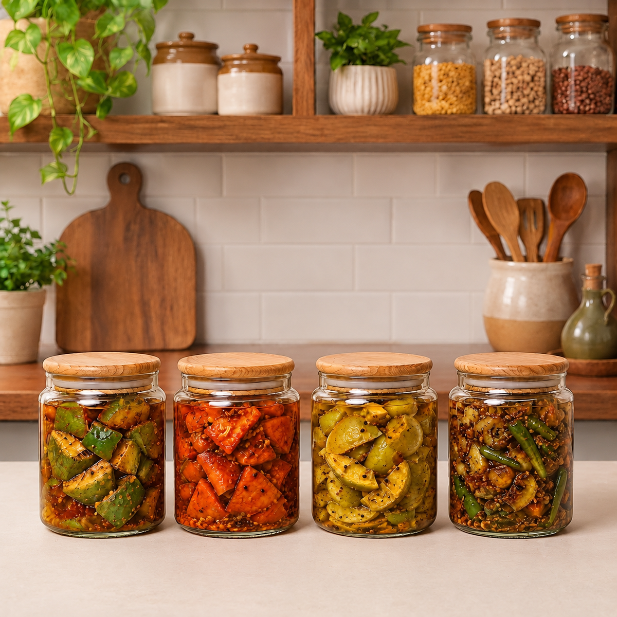 4-Piece Premium Glass Pickle Jar Set with Airtight Bamboo Lids