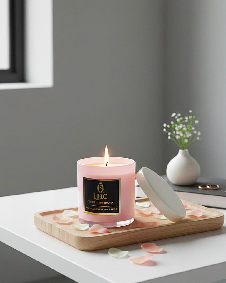 Blush Blossom – Luxury Soy Wax Candle With White Glass Lid (Pink)