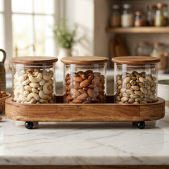 Premium 3-Piece  Glass Storage Canister Set with Airtight Acacia Wood Lids and Footed Serving Tray – Elegant Kitchen Countertop Spice, Snack, and Dry Food Organizer Canisters