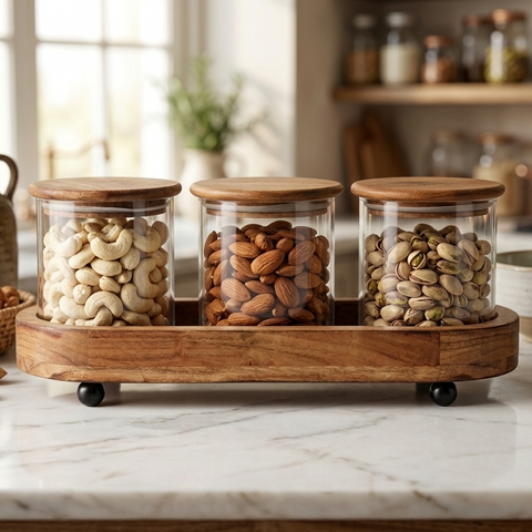 Premium 3-Piece  Glass Storage Canister Set with Airtight Acacia Wood Lids and Footed Serving Tray – Elegant Kitchen Countertop Spice, Snack, and Dry Food Organizer Canisters