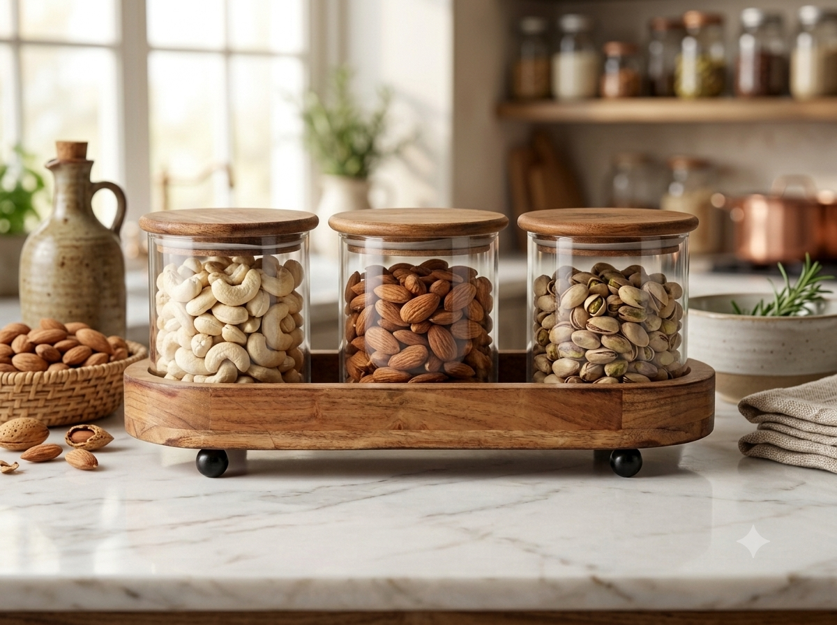 Premium 3-Piece  Glass Storage Canister Set with Airtight Acacia Wood Lids and Footed Serving Tray – Elegant Kitchen Countertop Spice, Snack, and Dry Food Organizer Canisters