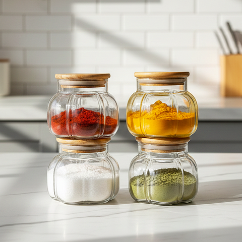 Premium Ribbed Glass Spice Jars (Set of 4)