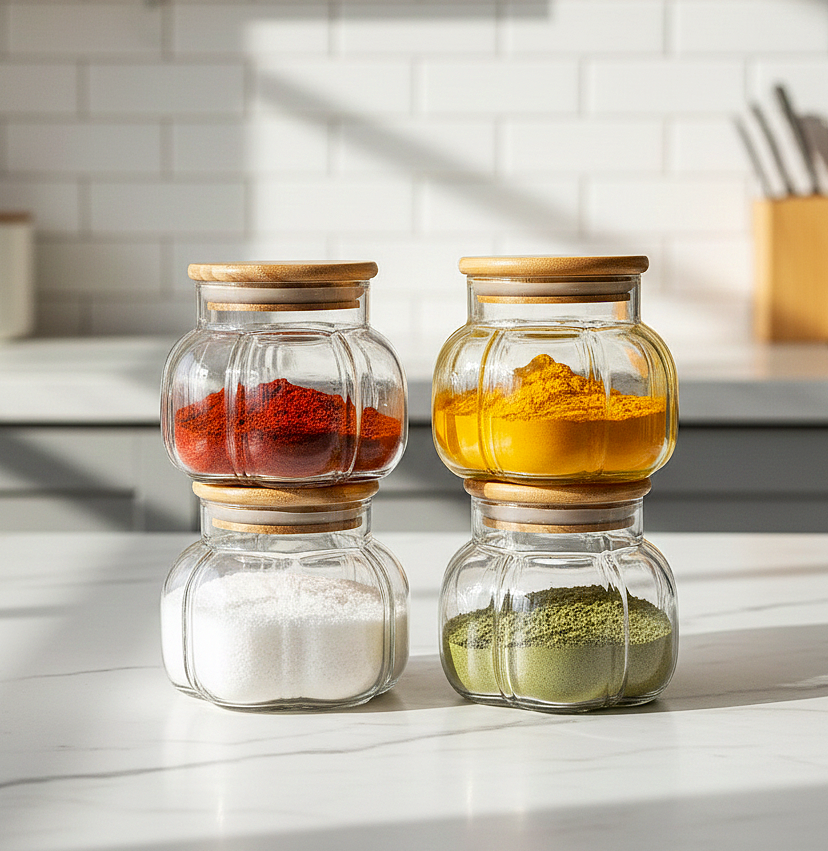 Premium Ribbed Glass Spice Jars (Set of 4)