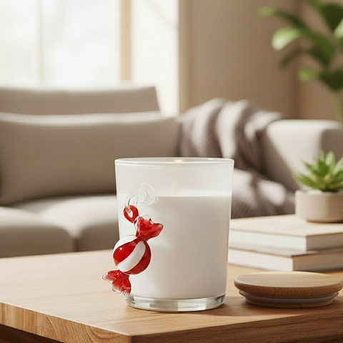 Festive Frosted White Glass Soy Wax Candle With Hanging Toffee (White)