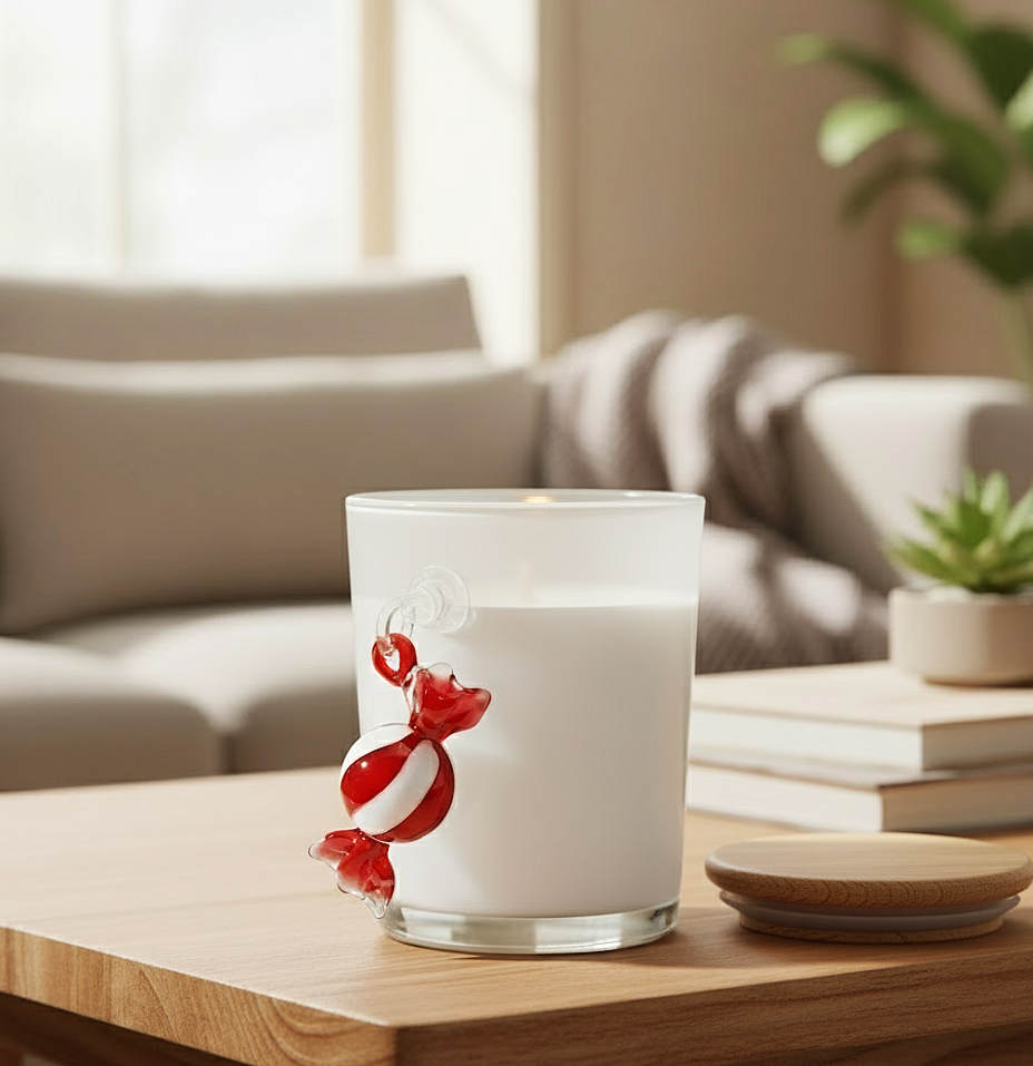 Festive Frosted White Glass Soy Wax Candle With Hanging Toffee (White)