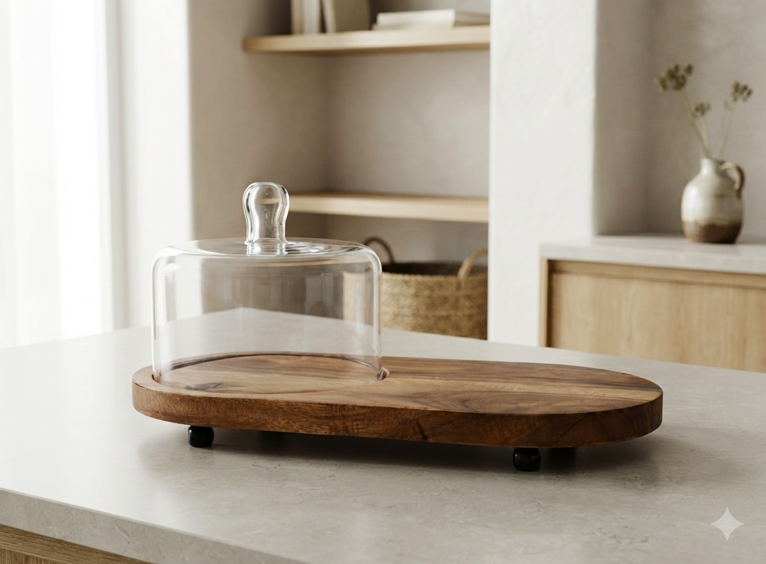 Premium Acacia Wood Oval Serving Board with Glass Cloche Dome – Footed Charcuterie Platter & Cake Display Stand – Elegant Pastry, Cheese, and Snack Tray for Kitchen Countertops & Entertaining
