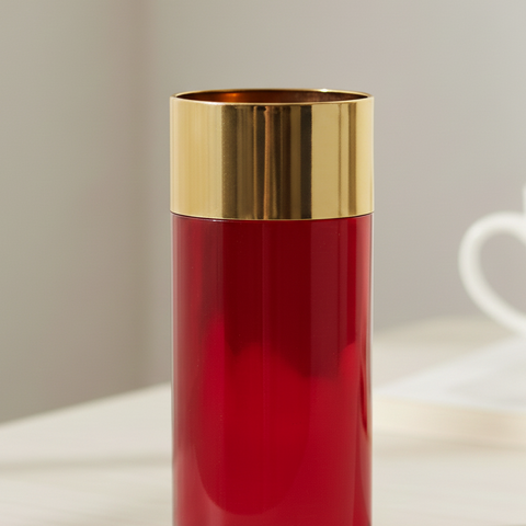 Ruby Aura Gold-Rim Cylindrical Glass Vase [Red]