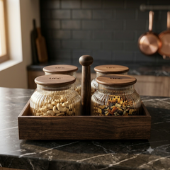 Premium 4-Piece Fluted Glass Jar Storage Set with Airtight Walnut Wood Lids & Serving Organizer Tray | Multi-Purpose  Glass Containers for Dry Fruits, Snacks, Spices & Dining Table Serving (Pack of 4)