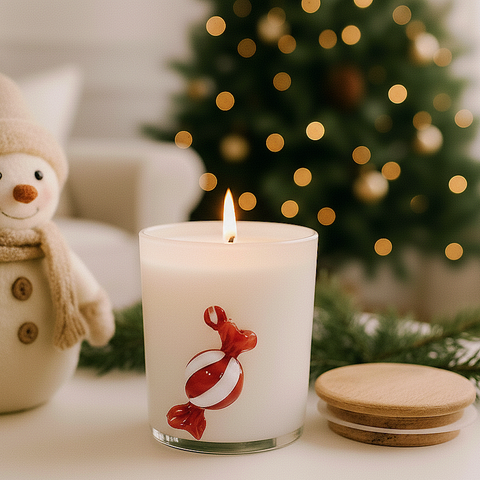 Festive Frosted White Glass Soy Wax Candle With Hanging Toffee (White)