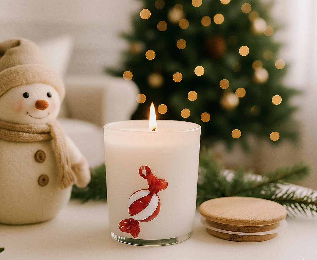 Festive Frosted White Glass Soy Wax Candle With Hanging Toffee (White)