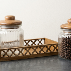 Premium Ribbed Glass Storage Jars with Airtight Wooden Lids and Carved Wooden Tray (Pack of 2, 750ml Each) – Decorative Kitchen Canisters Set for Countertop Pantry Organization, Dry Fruits, Seeds, Tea, Coffee & Spices