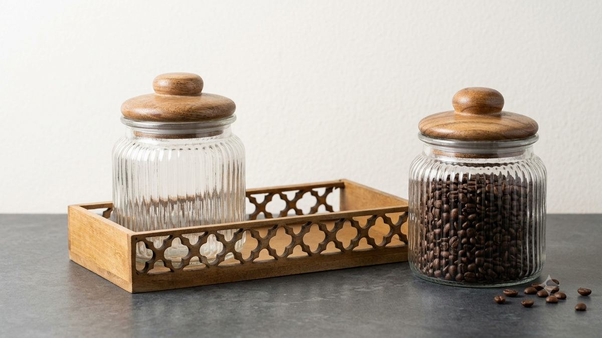 Premium Ribbed Glass Storage Jars with Airtight Wooden Lids and Carved Wooden Tray (Pack of 2, 750ml Each) – Decorative Kitchen Canisters Set for Countertop Pantry Organization, Dry Fruits, Seeds, Tea, Coffee & Spices