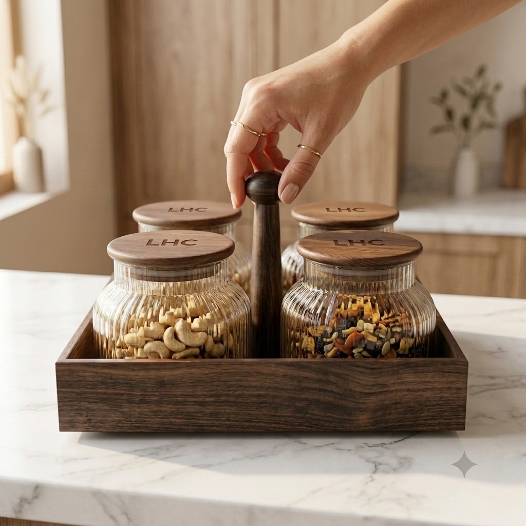 Premium 4-Piece Fluted Glass Jar Storage Set with Airtight Walnut Wood Lids & Serving Organizer Tray | Multi-Purpose  Glass Containers for Dry Fruits, Snacks, Spices & Dining Table Serving (Pack of 4)