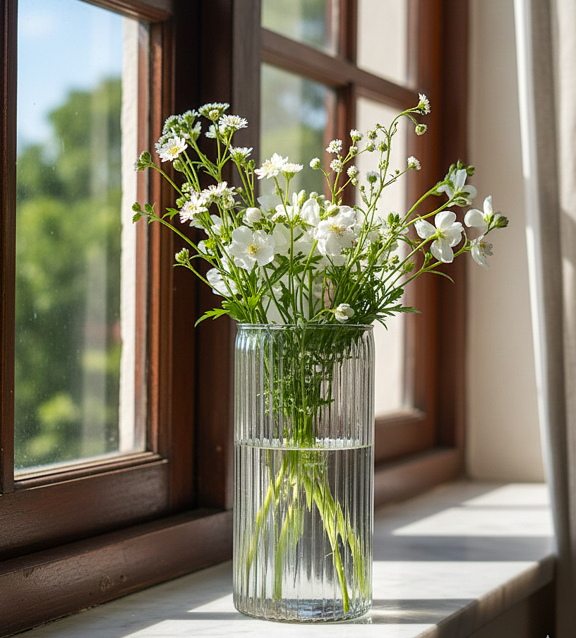Tall Ribbed Glass Vase