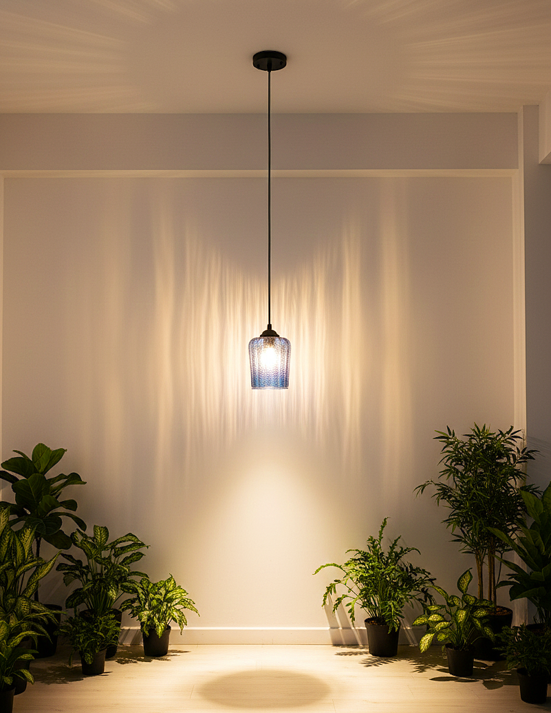 Blue Ribbed Glass Pendant Hanging Light