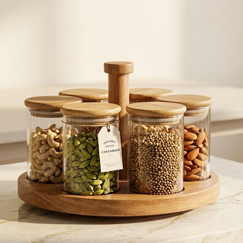 Premium 6-Piece Glass Spice Jar Set with Rotating Wooden Organizer Stand | Airtight Bamboo Lids | Heavy Duty Borosilicate Glass Canisters for Spices, Countertop, Kitchen & Pantry Storage