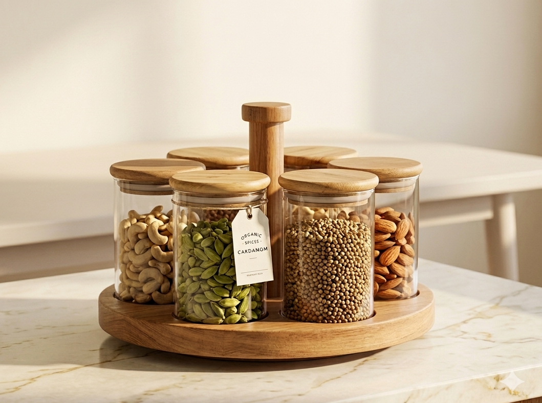 Premium 6-Piece Glass Spice Jar Set with Rotating Wooden Organizer Stand | Airtight Bamboo Lids | Heavy Duty Borosilicate Glass Canisters for Spices, Countertop, Kitchen & Pantry Storage