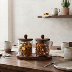 Premium Glass Storage Canister Set of 2 with Matching Acacia Wood Lids and Base Tray – Airtight  Kitchen Jar Organizer for Coffee, Sugar, Tea, Spices, and Countertop Decor