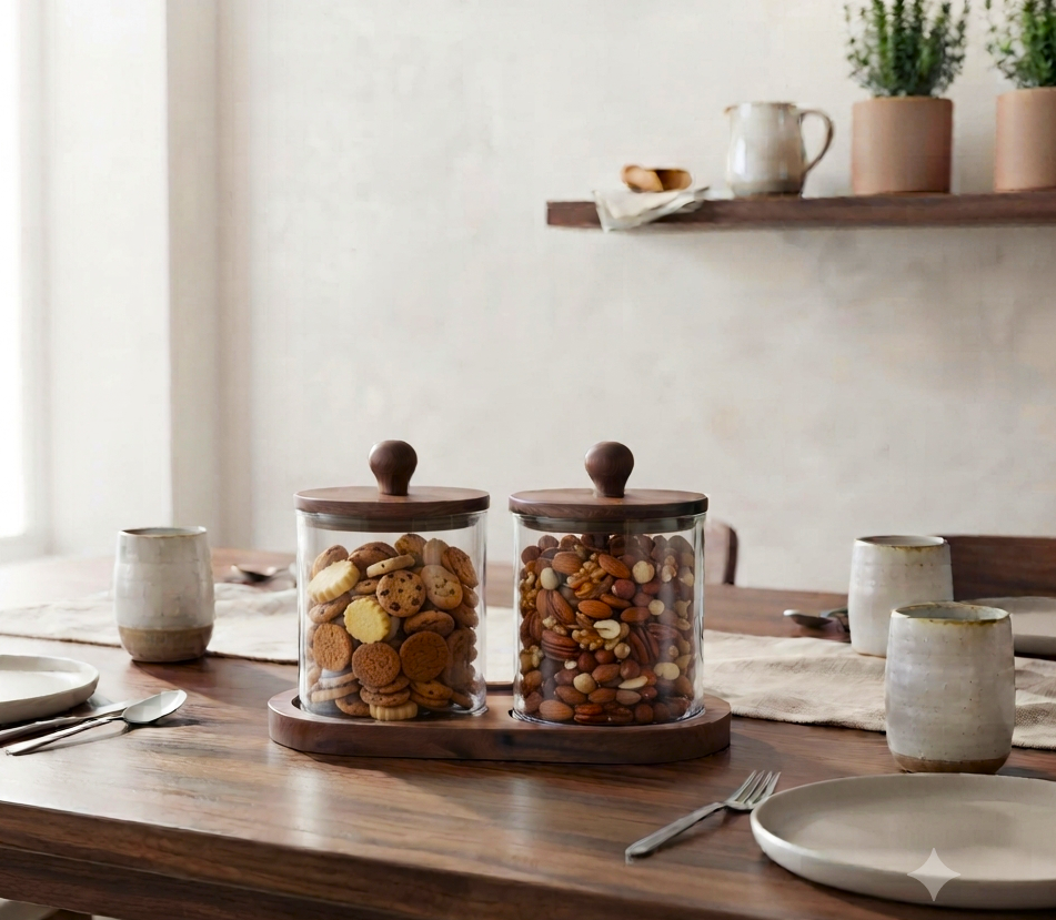 Premium Glass Storage Canister Set of 2 with Matching Acacia Wood Lids and Base Tray – Airtight  Kitchen Jar Organizer for Coffee, Sugar, Tea, Spices, and Countertop Decor