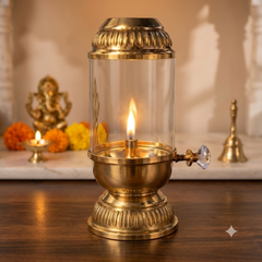 Premium Brass Akhand Diya with Glass Chimney and Adjustable Wick Knob