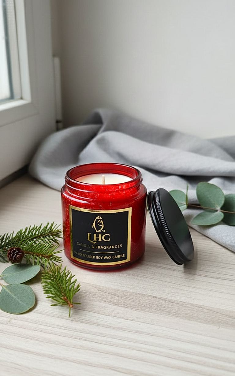 Luxury Golden Brush Stroke Patterned Soy Wax Candle With Black Metal Lid (RED)