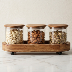 Premium 3-Piece  Glass Storage Canister Set with Airtight Acacia Wood Lids and Footed Serving Tray – Elegant Kitchen Countertop Spice, Snack, and Dry Food Organizer Canisters