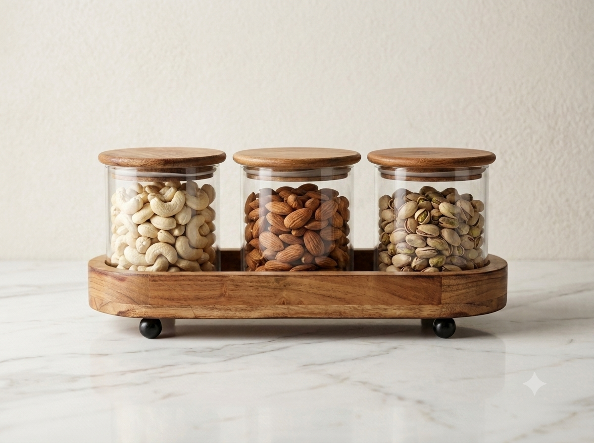 Premium 3-Piece  Glass Storage Canister Set with Airtight Acacia Wood Lids and Footed Serving Tray – Elegant Kitchen Countertop Spice, Snack, and Dry Food Organizer Canisters