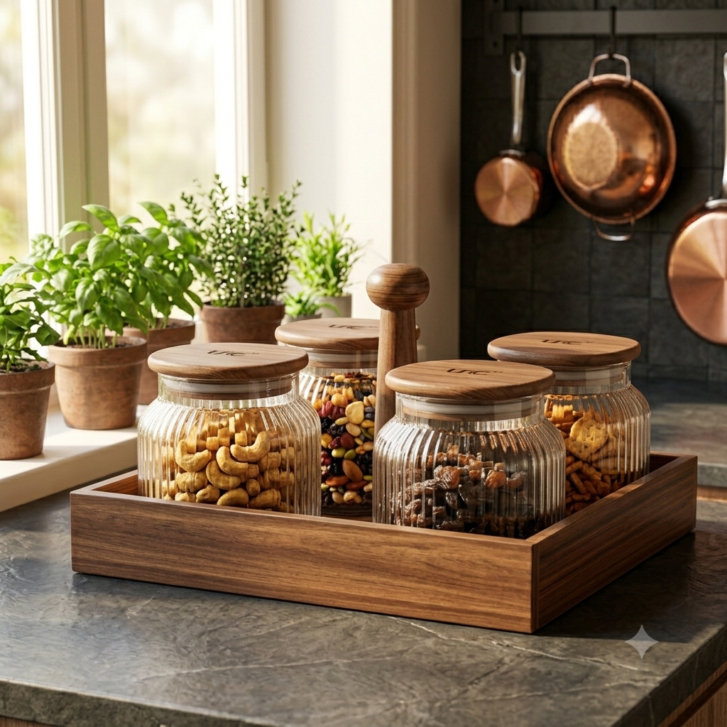 Premium 4-Piece Fluted Glass Jar Storage Set with Airtight Walnut Wood Lids & Serving Organizer Tray | Multi-Purpose  Glass Containers for Dry Fruits, Snacks, Spices & Dining Table Serving (Pack of 4)