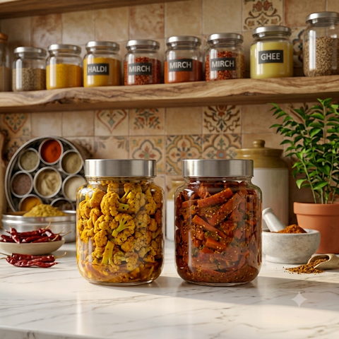 Premium Glass Spice and Pickle Jar Set of 2 – 1000ml Clear Storage Canisters with Airtight Stainless Steel Lids – Perfect for Kitchen Counter, Pantry Organization, Pickling, and Spices