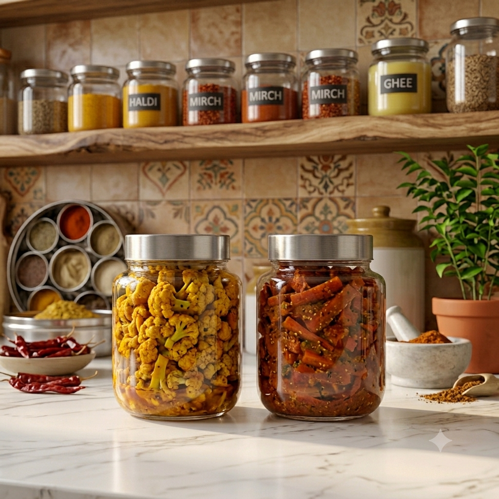 Premium Glass Spice and Pickle Jar Set of 2 – 1000ml Clear Storage Canisters with Airtight Stainless Steel Lids – Perfect for Kitchen Counter, Pantry Organization, Pickling, and Spices