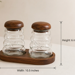 Premium Wavy Ripple Glass Jar Set of 2 with Handcrafted Wooden Lids and Serving Tray | Airtight Clear Glass Containers for Dry Fruits, Snacks, Spices, Tea & Coffee, 2 Jars & 1 Tray Combo