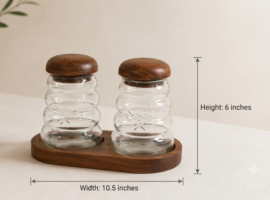 Premium Wavy Ripple Glass Jar Set of 2 with Handcrafted Wooden Lids and Serving Tray | Airtight Clear Glass Containers for Dry Fruits, Snacks, Spices, Tea & Coffee, 2 Jars & 1 Tray Combo
