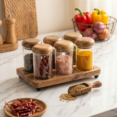 Premium 6-Piece Glass Spice Jar Set with Natural Wooden Tray and Airtight Lids | Clear Borosilicate Glass Food Storage Containers for Spices, Masalas, Dry Fruits, and Kitchen Pantry Organization