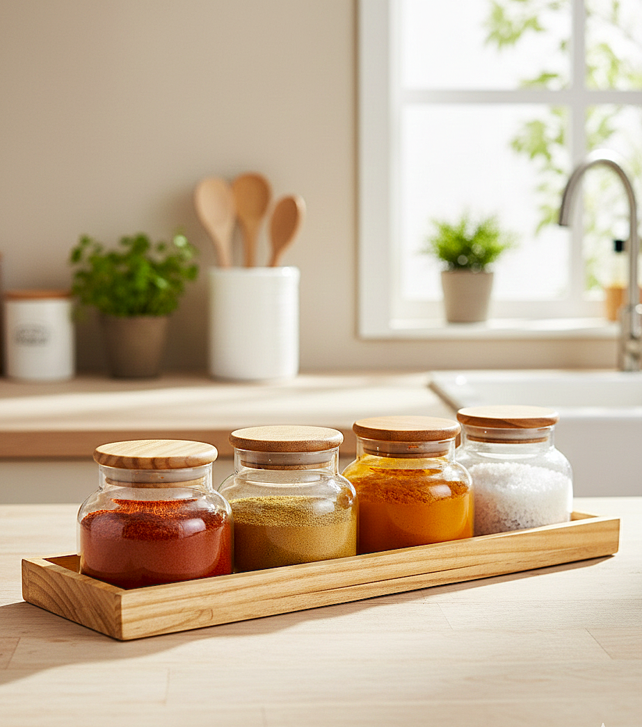 Minimalist Glass Spice Jar Set with Wooden Tray