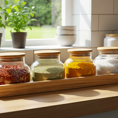 Minimalist Glass Spice Jar Set with Wooden Tray