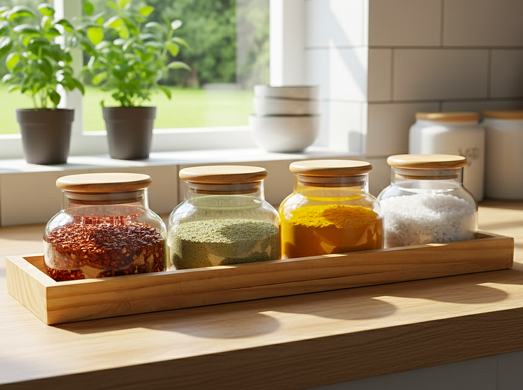 Minimalist Glass Spice Jar Set with Wooden Tray
