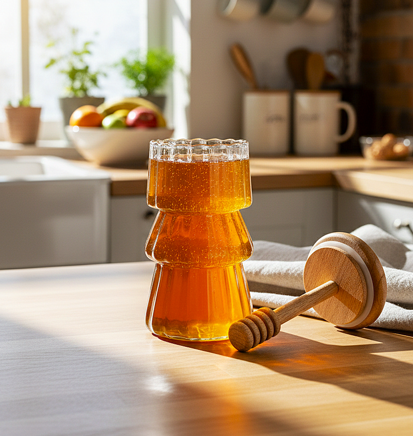 PureDrip Glass Honey Dispenser with Wooden Lid