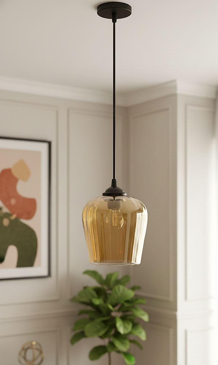 Amber Ribbed Glass Pendant Light