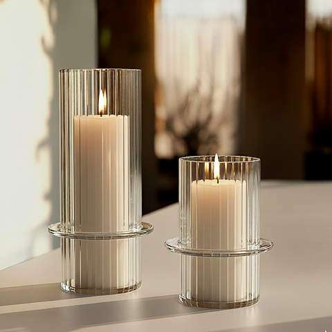 Crystal Ribbed Glass Candle Holders (Set of 2)